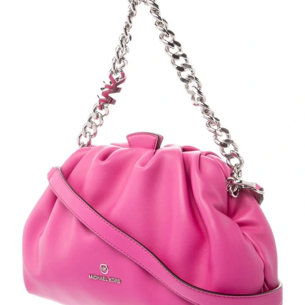 Michael Kors-Nola Small Faux Leather Crossbody Bag In Hot Pink w/Silver Chain
